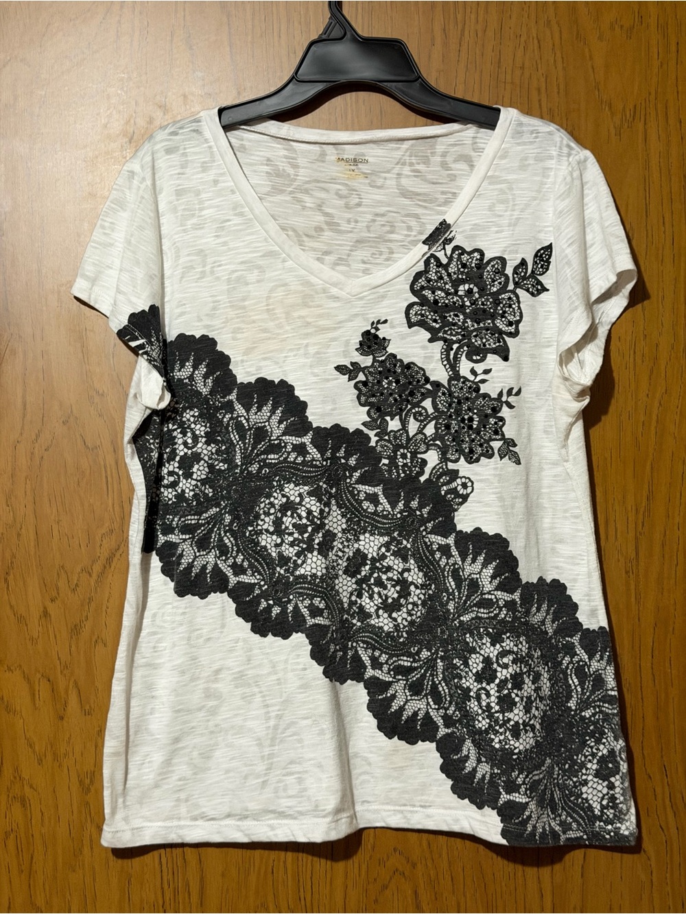 Madison White Short-Sleeve V-Neck Tee with Black Lace Floral Print